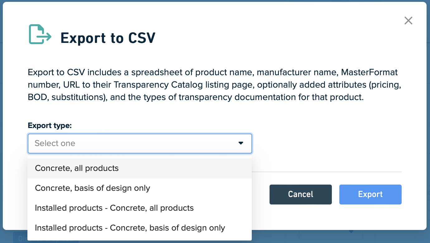 Export to CSV popup for one division open to display options.png