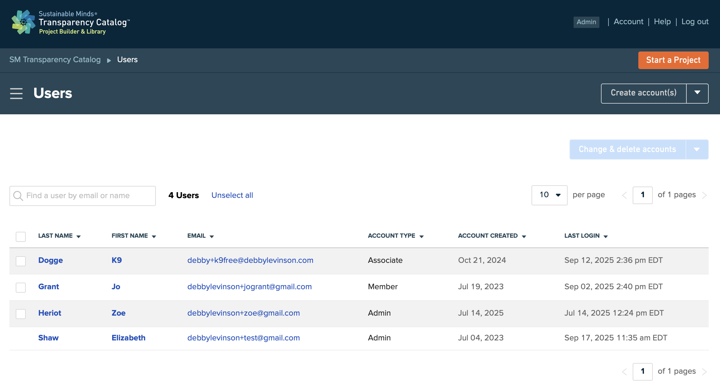Users screen showing all users
