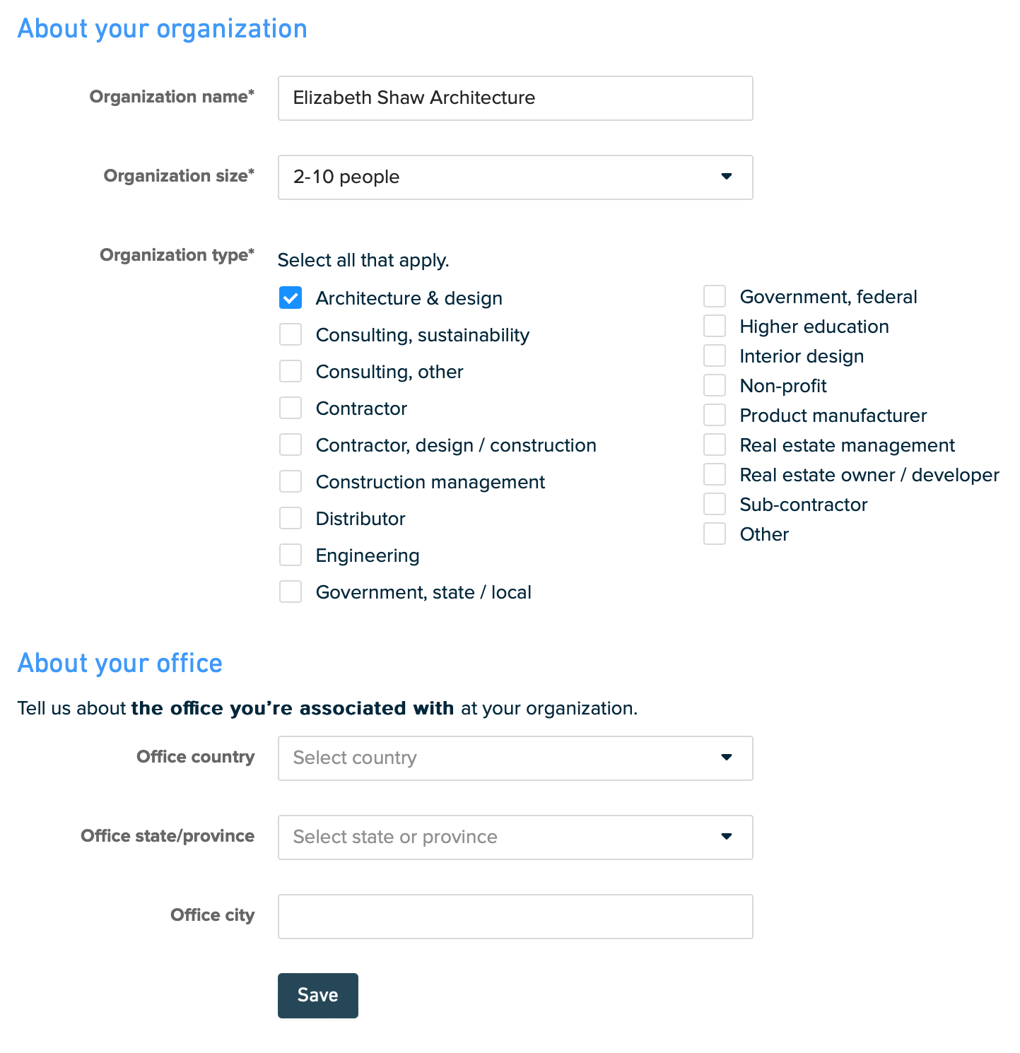 Subscription settings screen showing settings for managing an office and organization.png