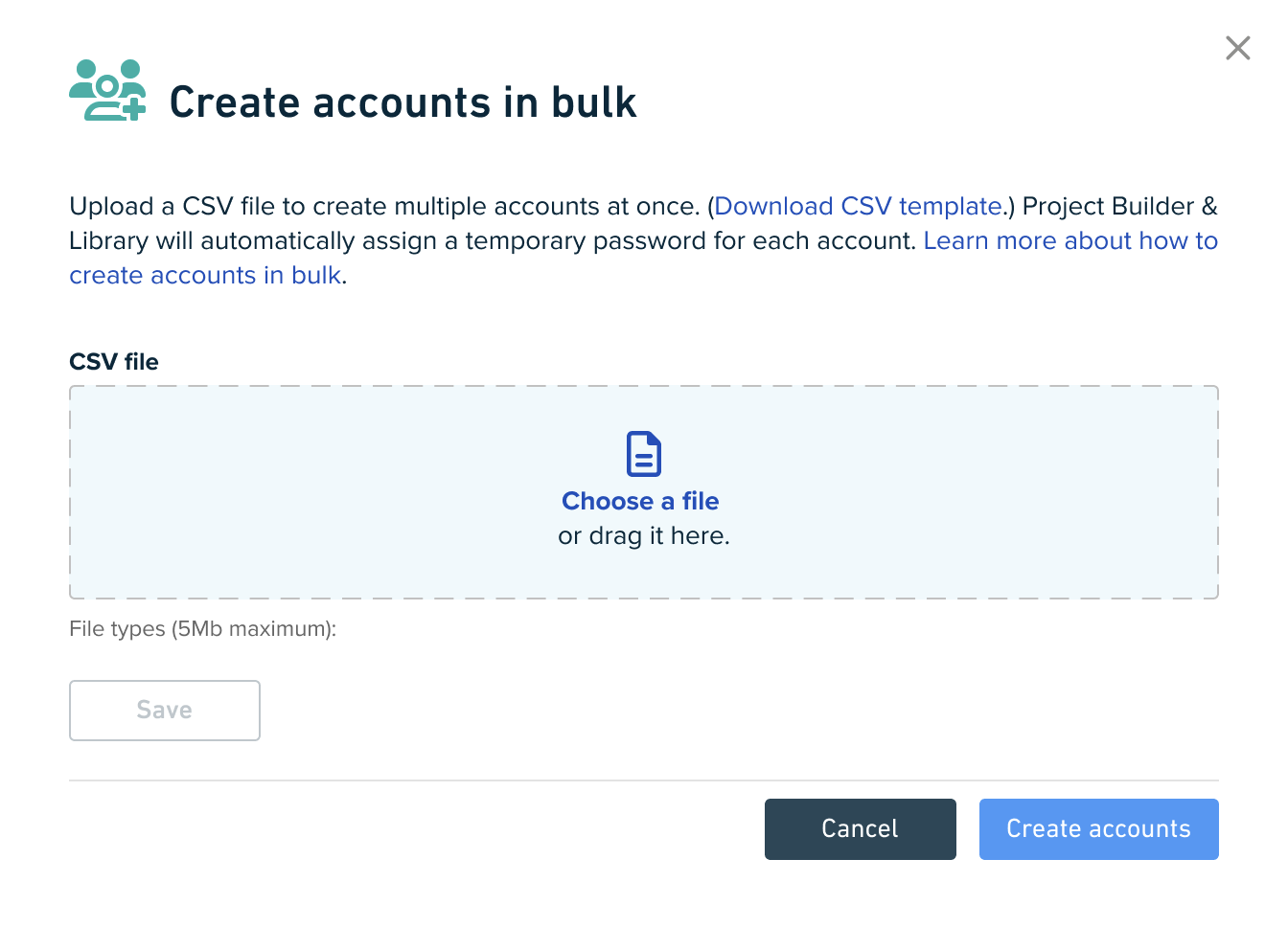 Create accounts in bulk popup form