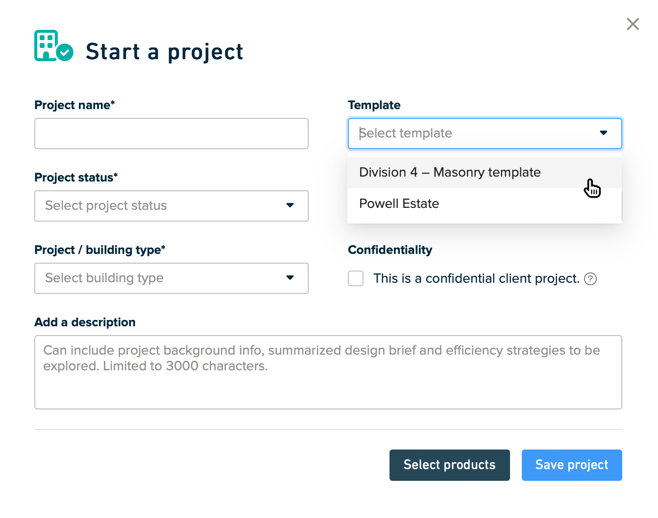 Popup for starting a Project – template selection dropdown shown open.png