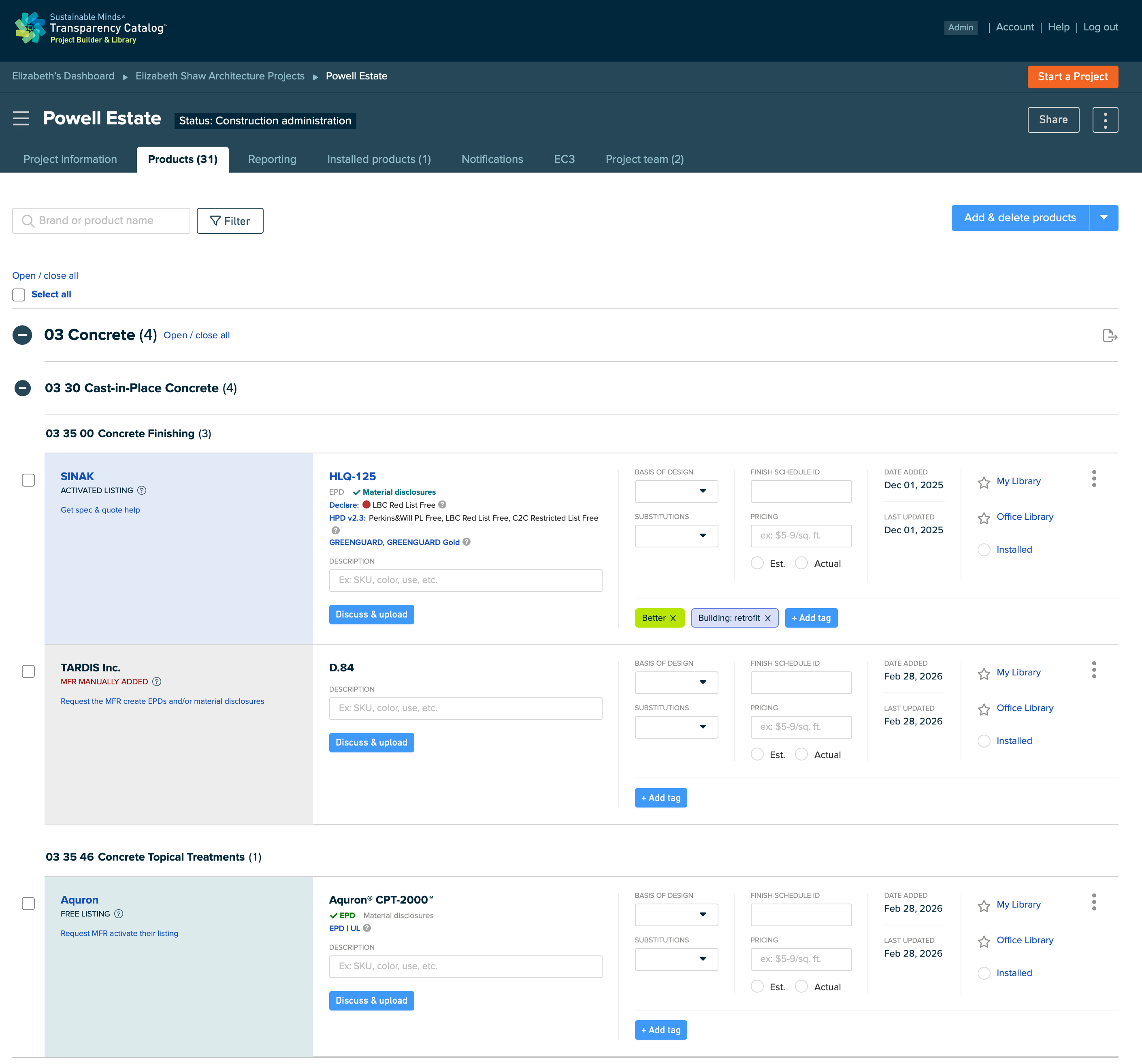 Products tab showing products from three different manufacturers: one from an activated listing with a blue background identifying the manufacturer; one from a free listing with a green background; one from outside the Transparency Catalog with a gray background.