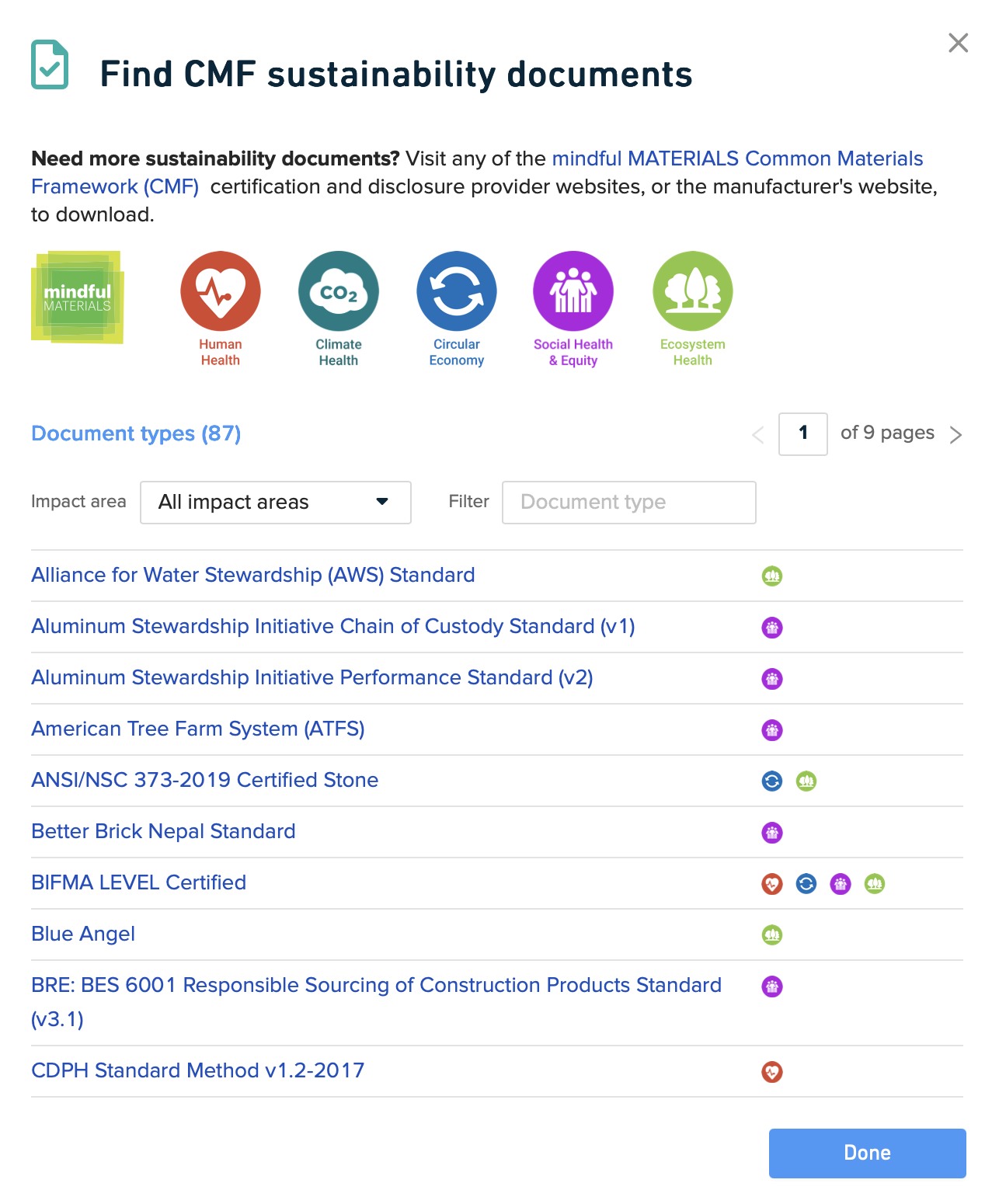 Find sustainability documents popup