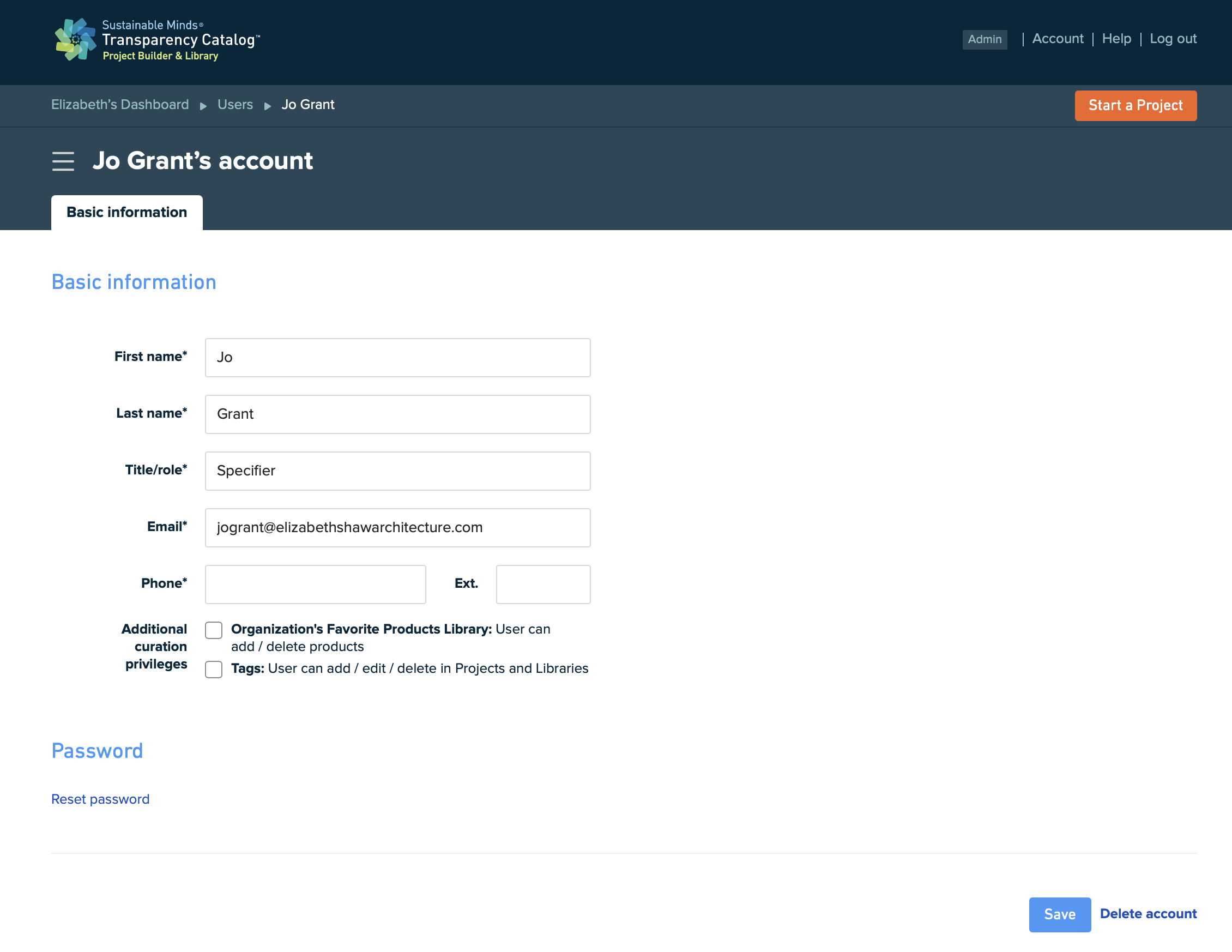 User detail page