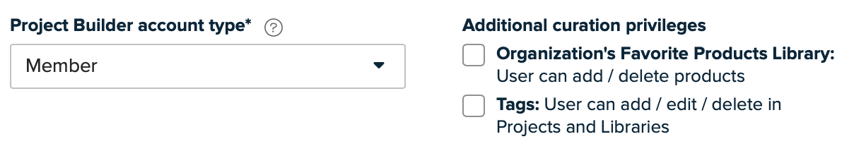 Detail view of Create one account lightbox showing Library privileges checkbox