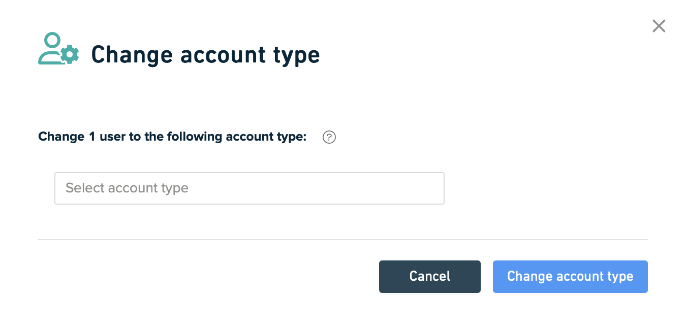 Change account type lightbox, which has a pulldown menu allowing Admins to change a user's account type