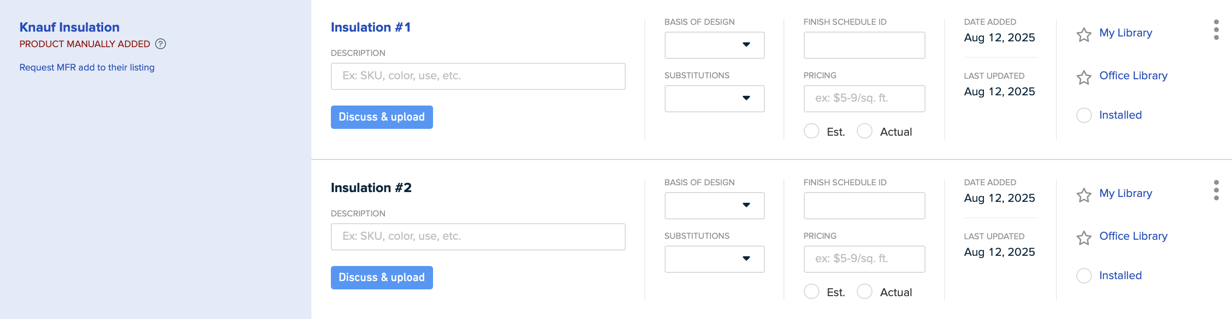 Manually added products from a Transparency Catalog manufacturer