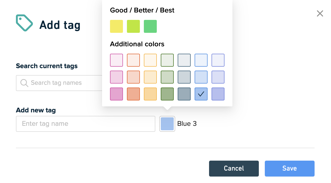 Add tag popup with color palette visible